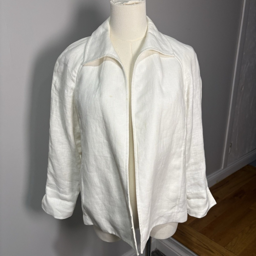 Talbots 100% Pure Irish Linen Blazer White Open Front Jacket Long Sleeve Small P